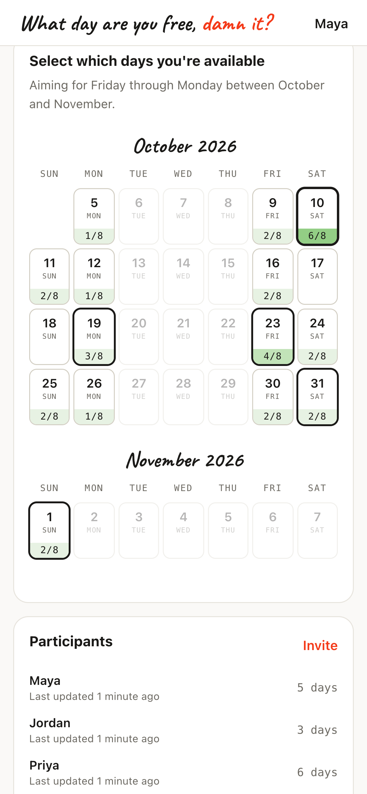 What Day Are You Free Damn It? — mobile calendar view
